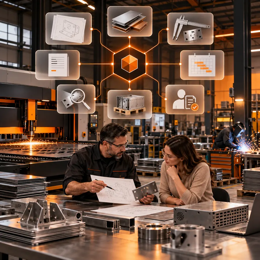 Metal fabrication workshop with drawings, materials, inspection, production, shipping, and an orange support hub