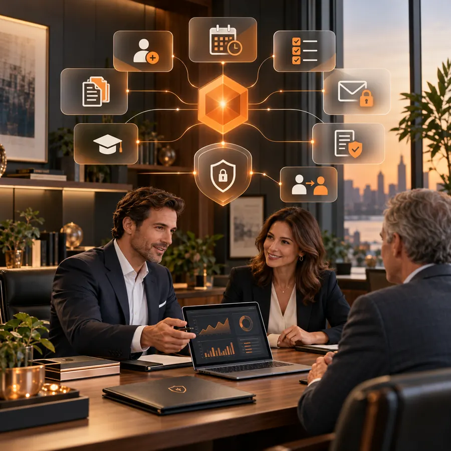 Financial advisory office with advisors, client onboarding documents, secure communication, and an orange support hub