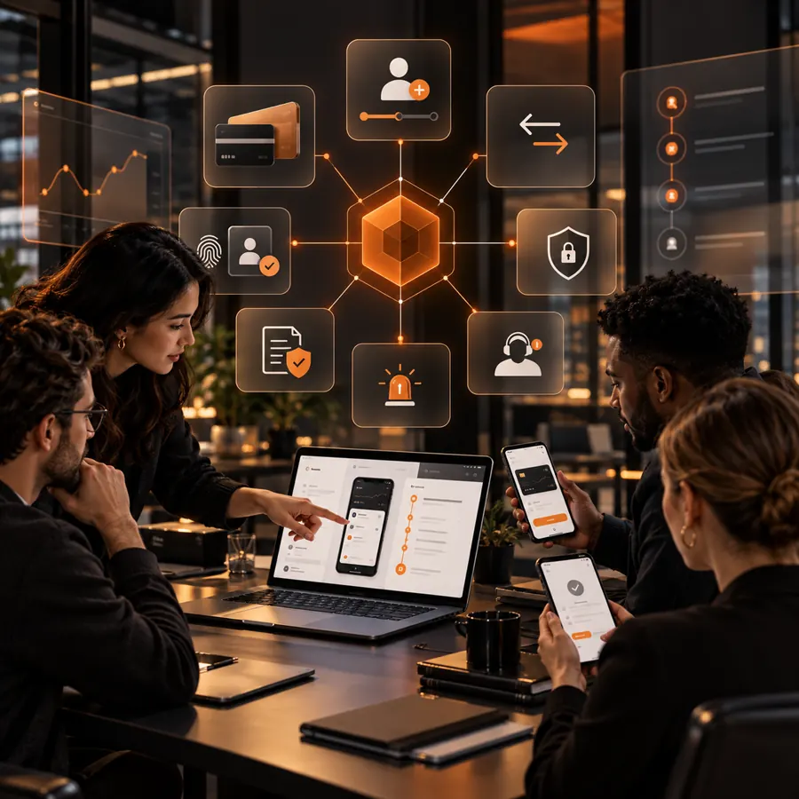 Fintech support team reviewing mobile payment, identity verification, security, and human escalation flows