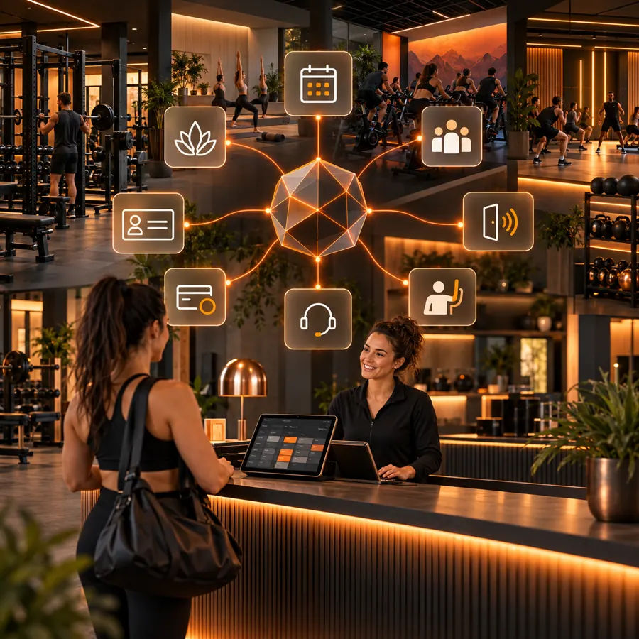 Fitness studio front desk with classes, memberships, access, booking, and an orange support hub