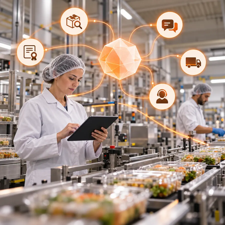 Food manufacturing quality specialist reviewing a tablet beside a packaged food production line with an orange support hub