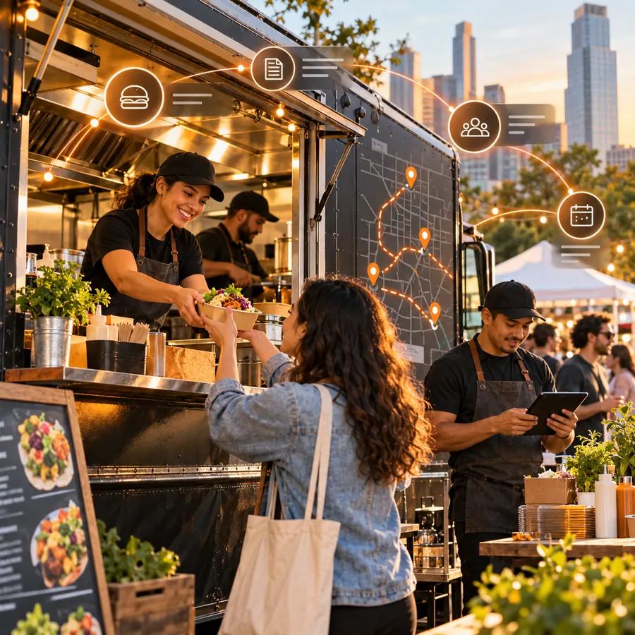 Food truck team serving a customer at an urban market with orange route and support signals