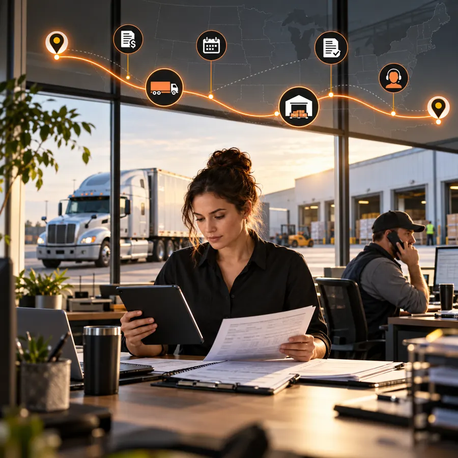 Freight brokerage coordinator reviewing shipment documents with a truck and orange logistics route signals