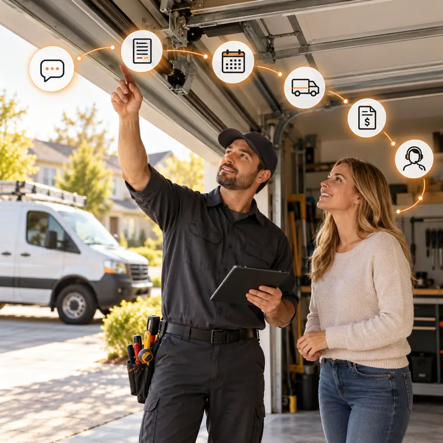 Garage door technician inspecting an overhead door with a homeowner, service van, tablet, and orange support signals