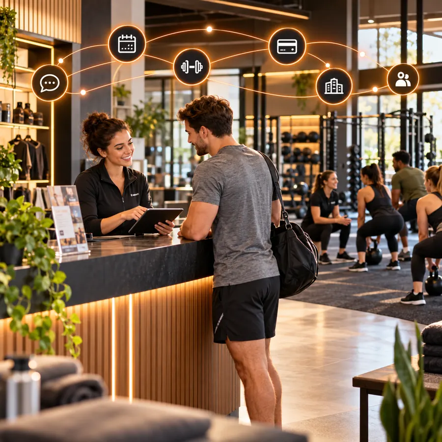Gym front desk associate helping a member with a tablet while a training class runs behind them and orange support signals connect services