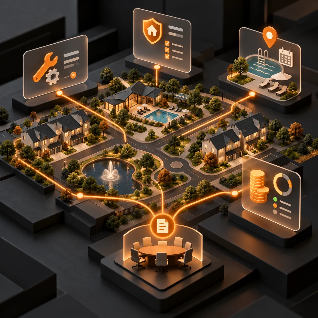 Abstract HOA community support landscape with neighborhood homes, maintenance, rules, amenity, account, and board review panels connected by orange pathways