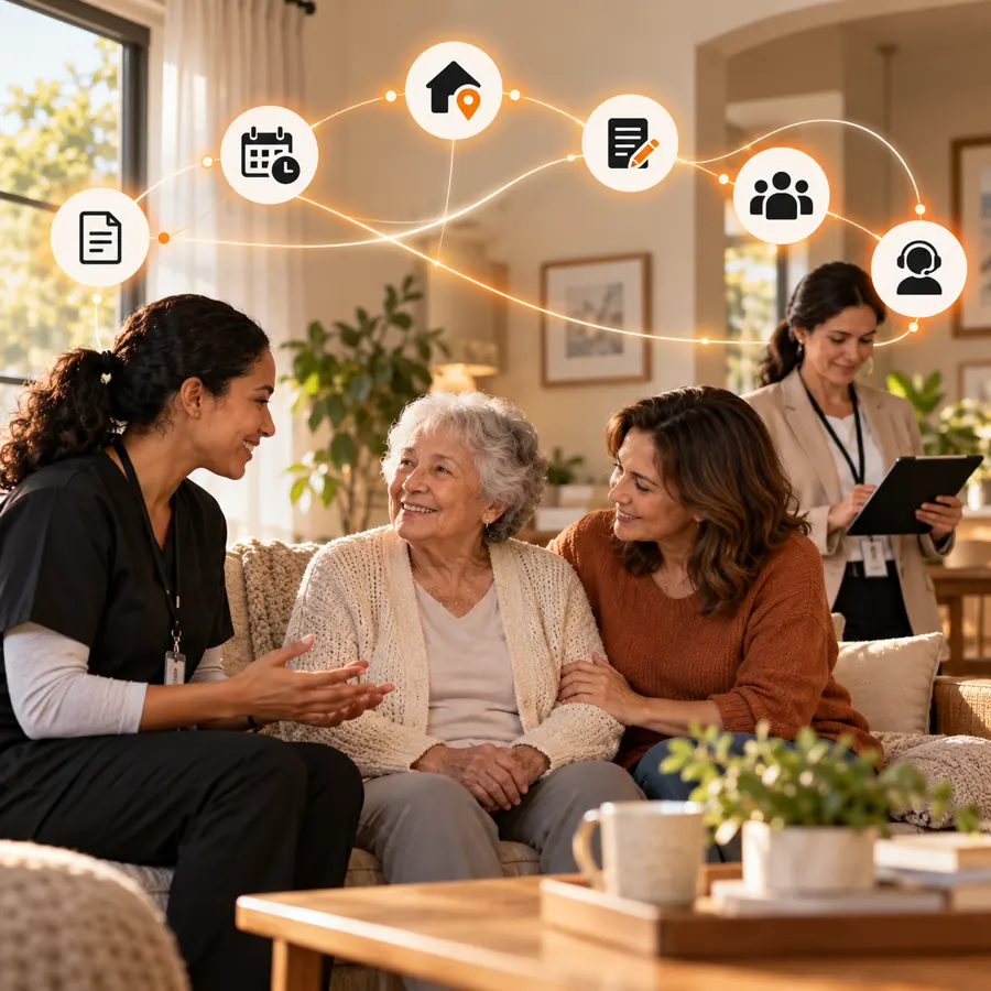 Home health aide speaking with an older adult and family member while a care coordinator reviews a schedule with orange coordination signals