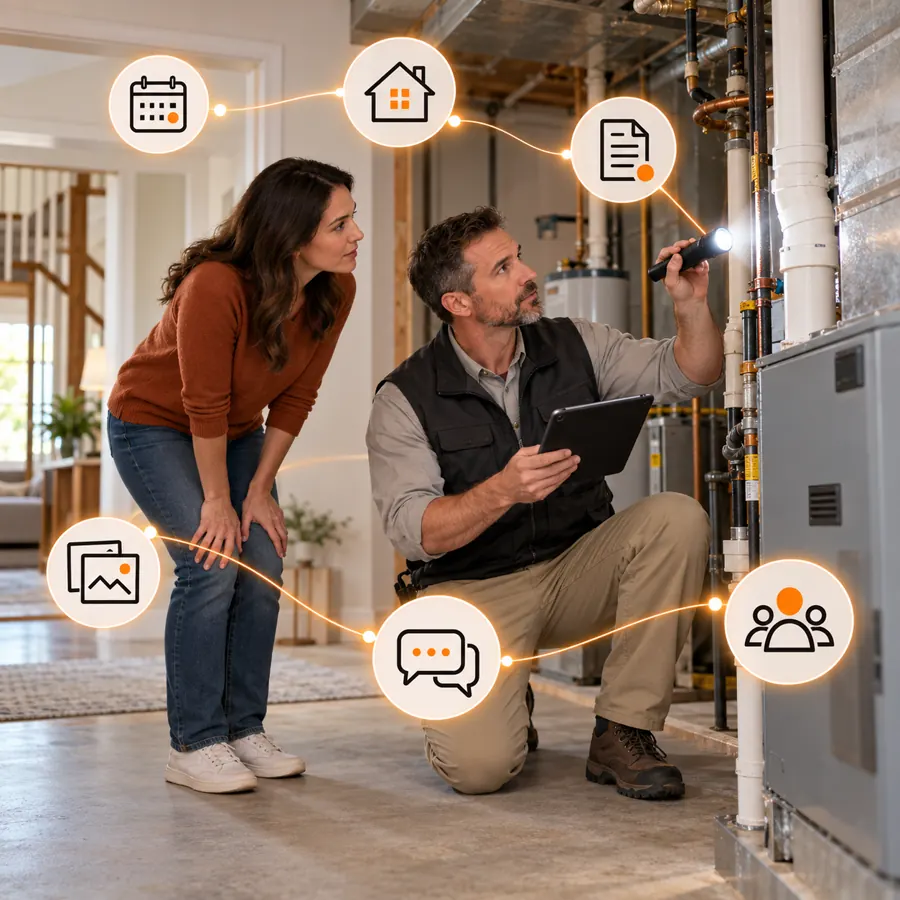 Home inspector reviewing a residential utility system with a homeowner, tablet, flashlight, and orange inspection coordination signals