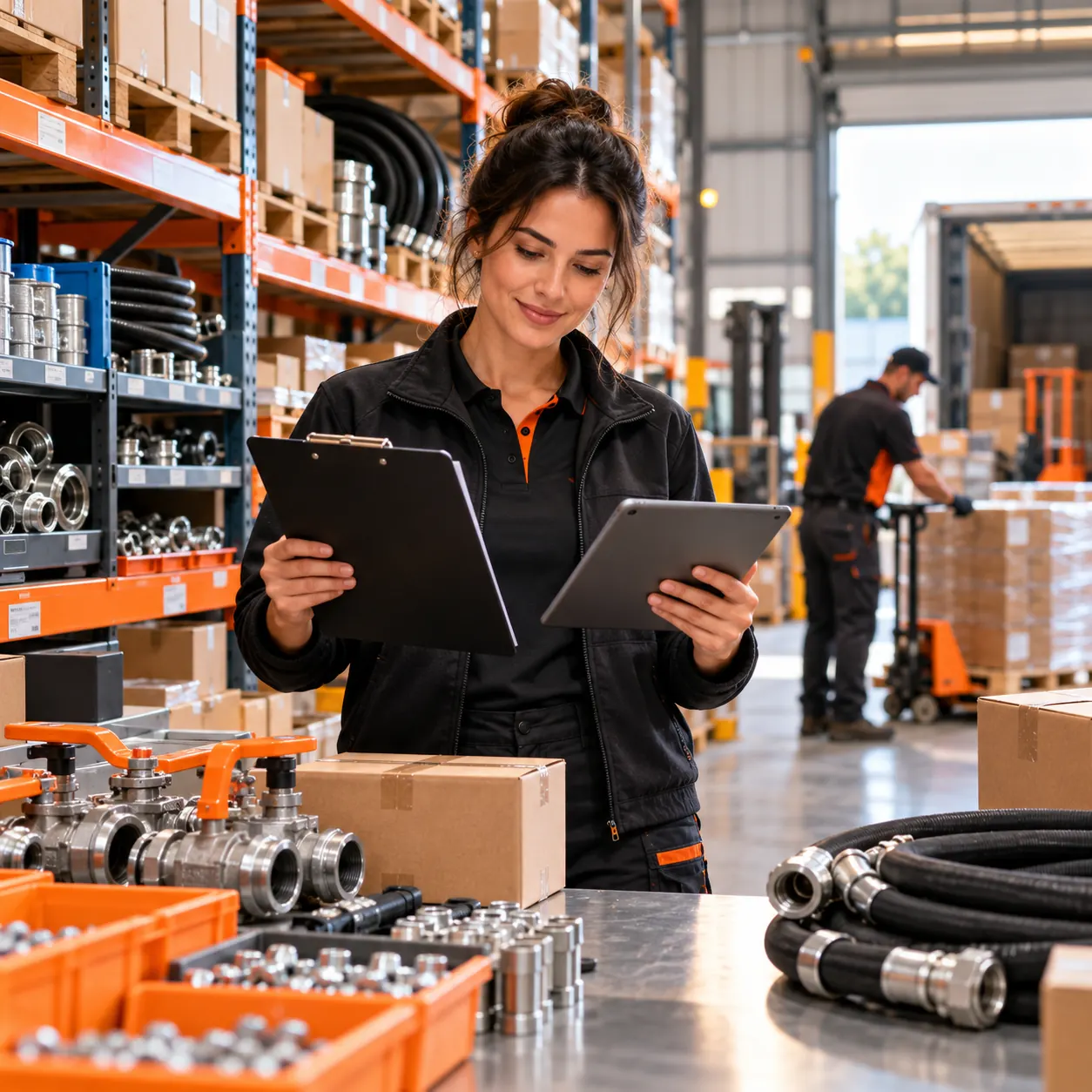 Industrial supply coordinator reviewing a part and shipment request on a clipboard and tablet in a warm orange-lit warehouse with fittings, hoses, and cartons