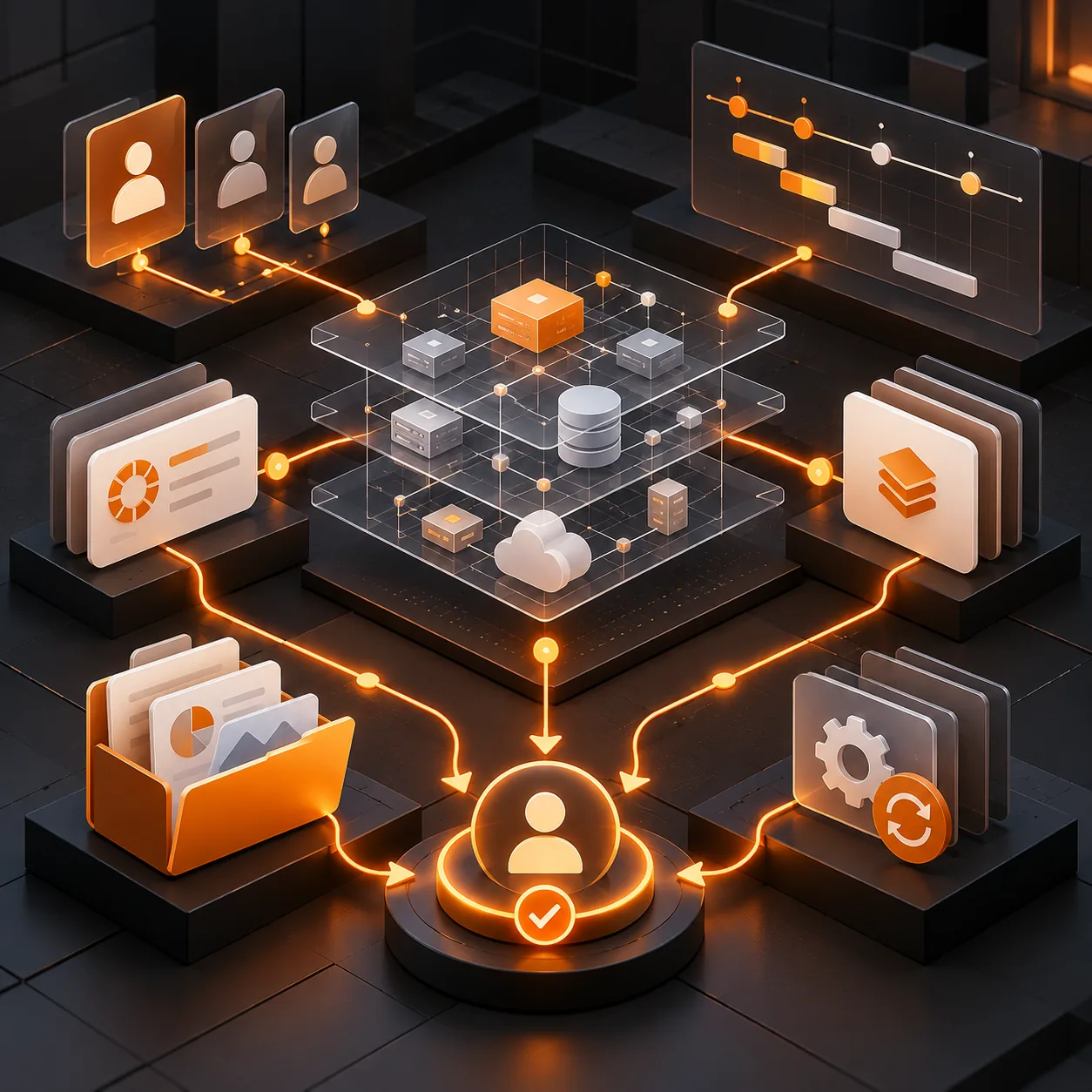 Abstract IT consulting support workflow with a systems architecture blueprint, project milestones, service request, knowledge folder, deliverable, and human review checkpoint