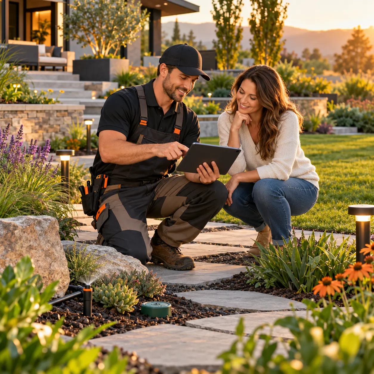 Landscape project coordinator reviewing a service request with a homeowner on a tablet beside a planted stone path in warm orange evening light