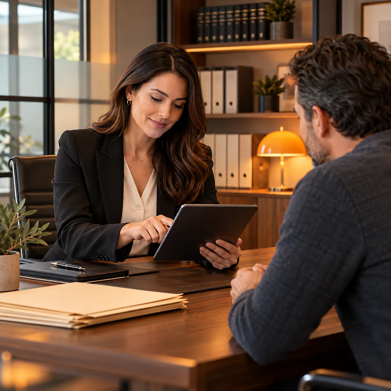 Law firm intake coordinator reviewing a prospective client request on a tablet across a consultation table in a warm orange-lit office