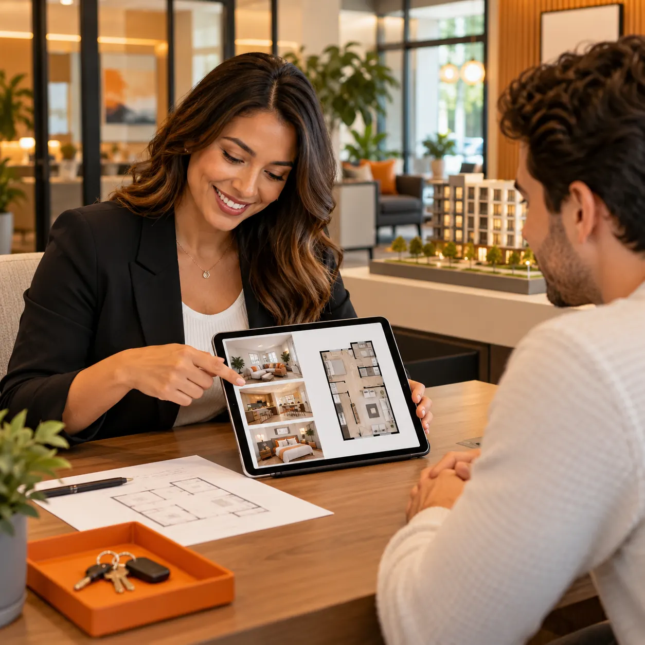 Leasing consultant reviewing a prospective renter request on a tablet beside apartment floor plans and keys in a warm orange-lit property office