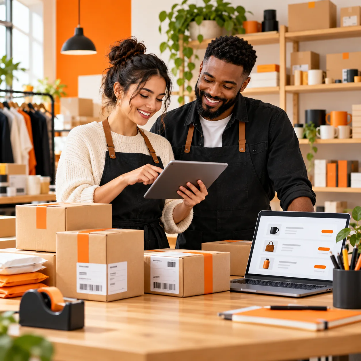 Marketplace sellers reviewing a buyer order on a tablet beside packed parcels and product shelves in a warm orange studio
