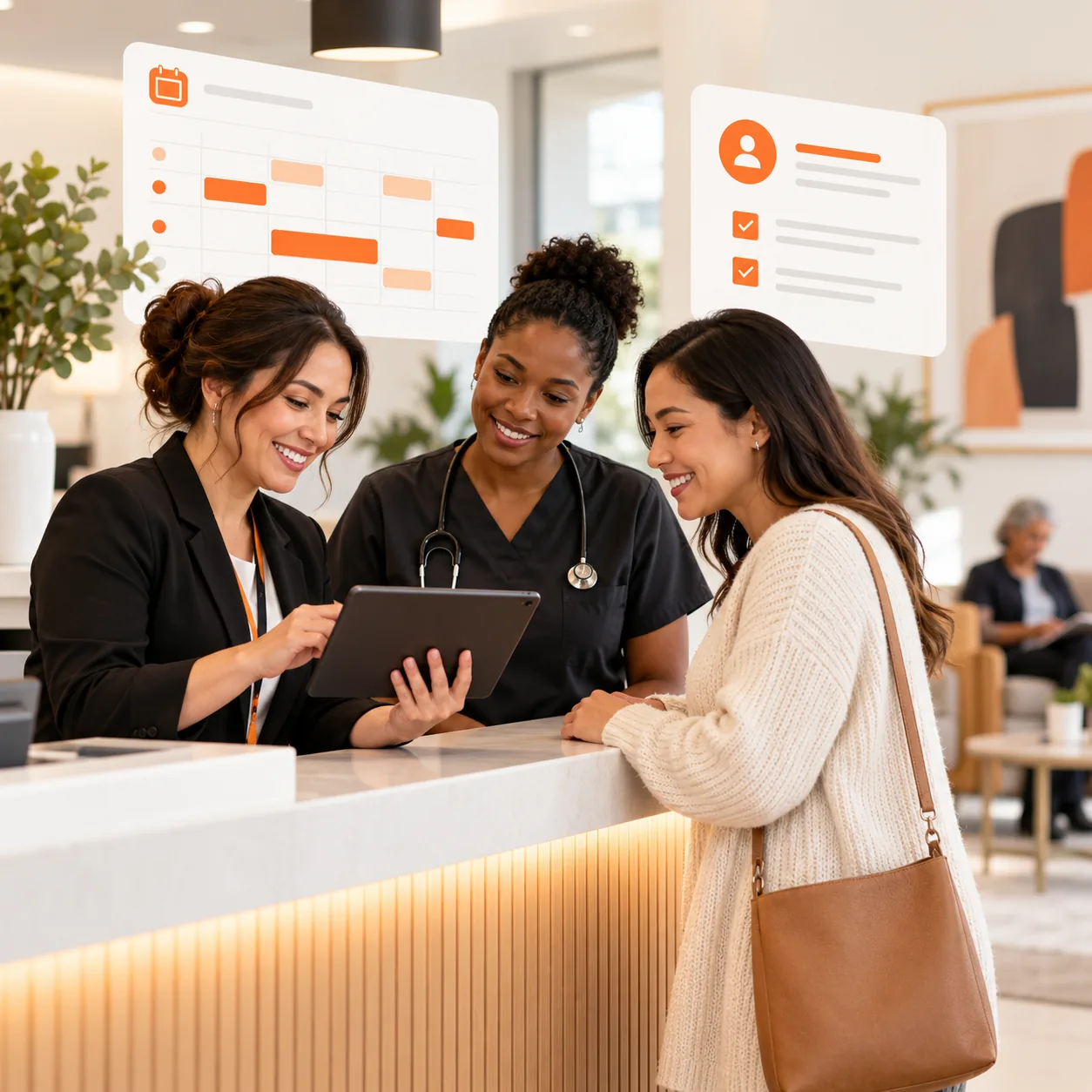 Clinic coordinator reviewing appointment information with a nurse and patient at a welcoming medical reception desk