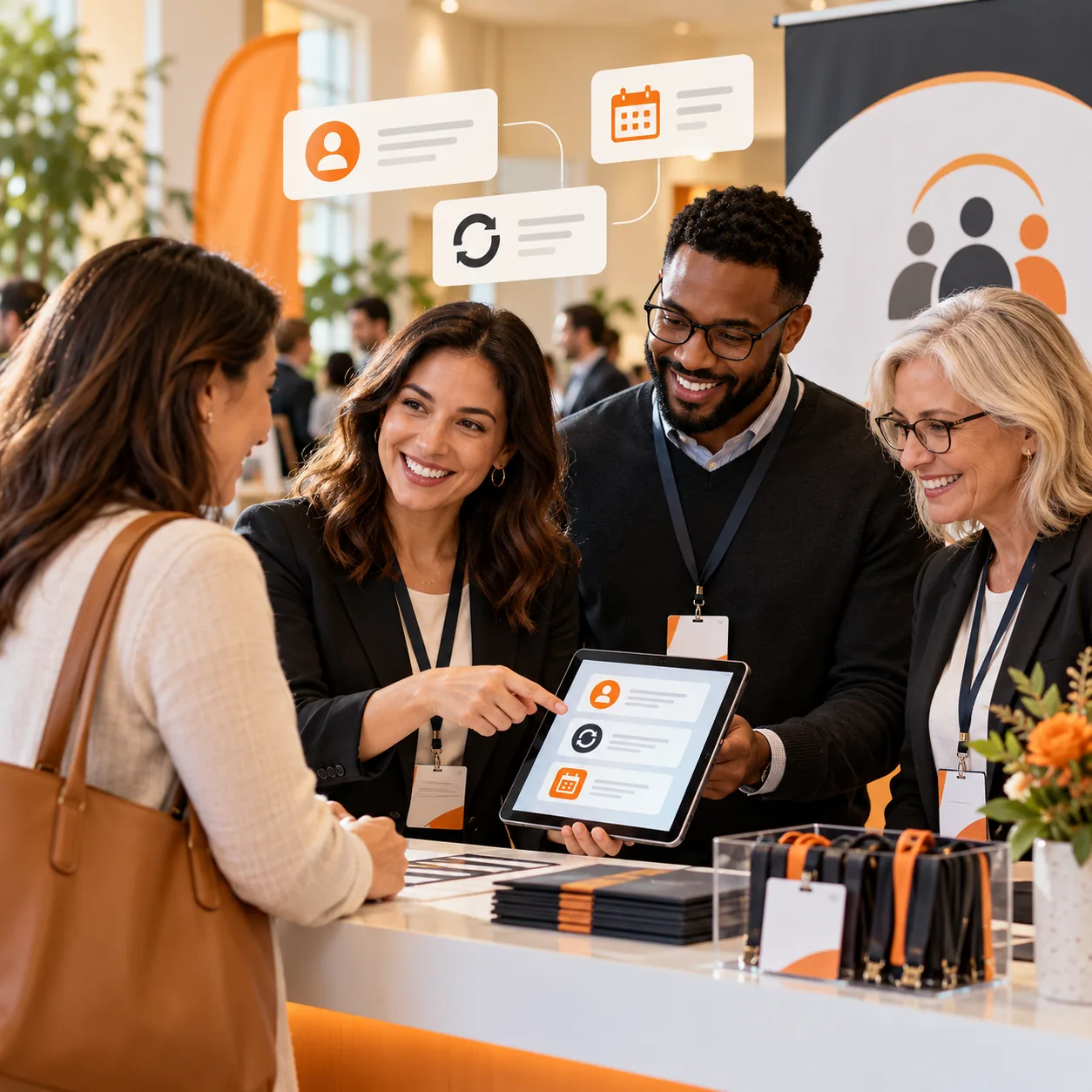 Membership association staff welcoming a member at an event desk while reviewing membership and renewal information on a tablet