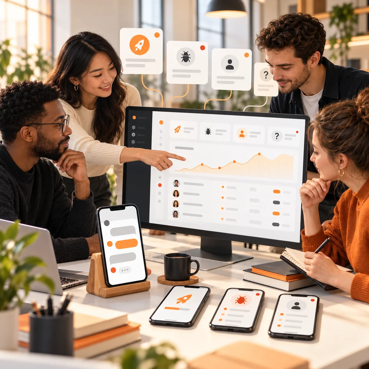 Mobile app support team reviewing release feedback, bug reports, and customer questions on phones and a dashboard