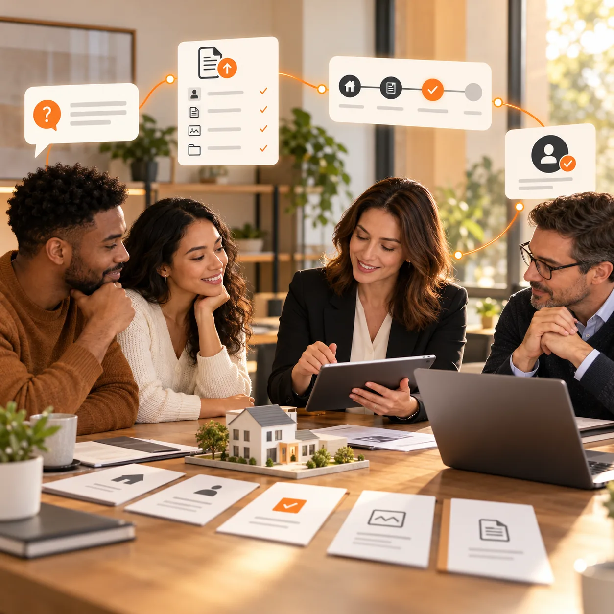 Mortgage broker reviewing borrower documents and application milestones with a couple in a warm office
