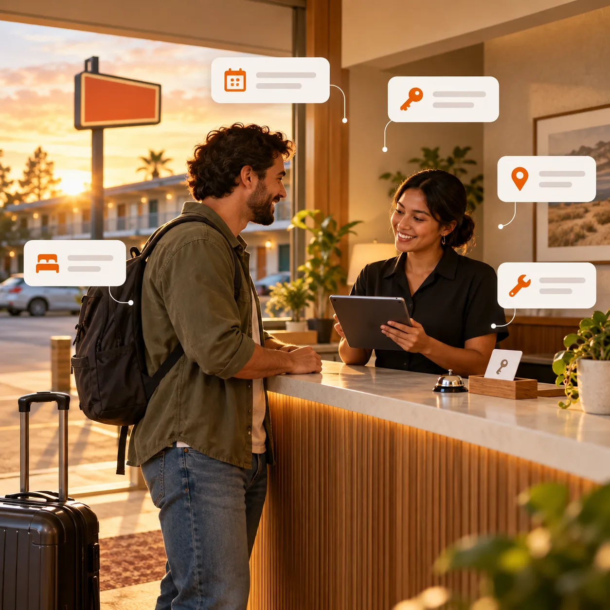 Motel front-desk host reviewing a guest stay request and arrival details with a traveler