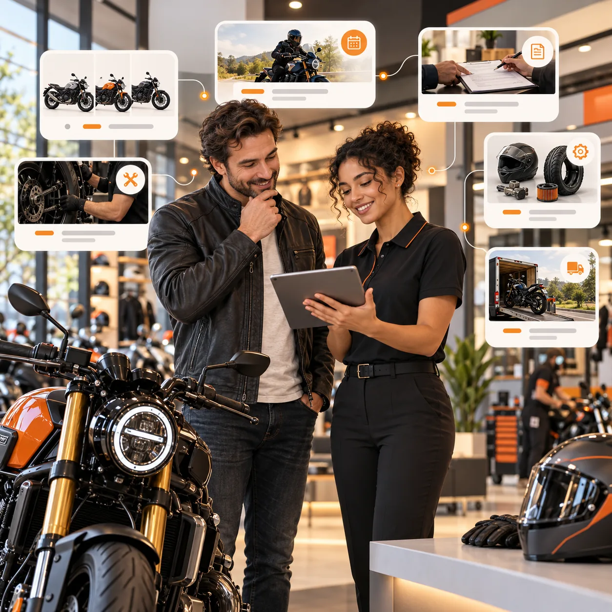 Motorcycle dealership advisor reviewing model, service, and rider support details with a customer in a showroom