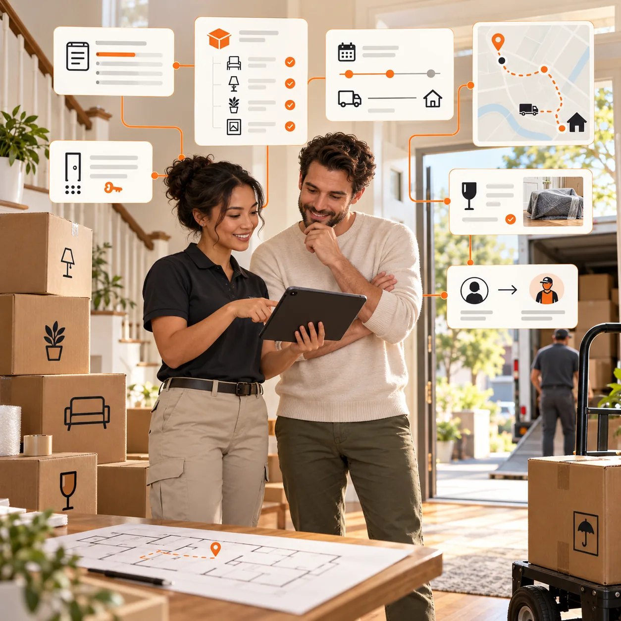 Moving coordinator reviewing inventory, access, and delivery details with a customer among packed boxes