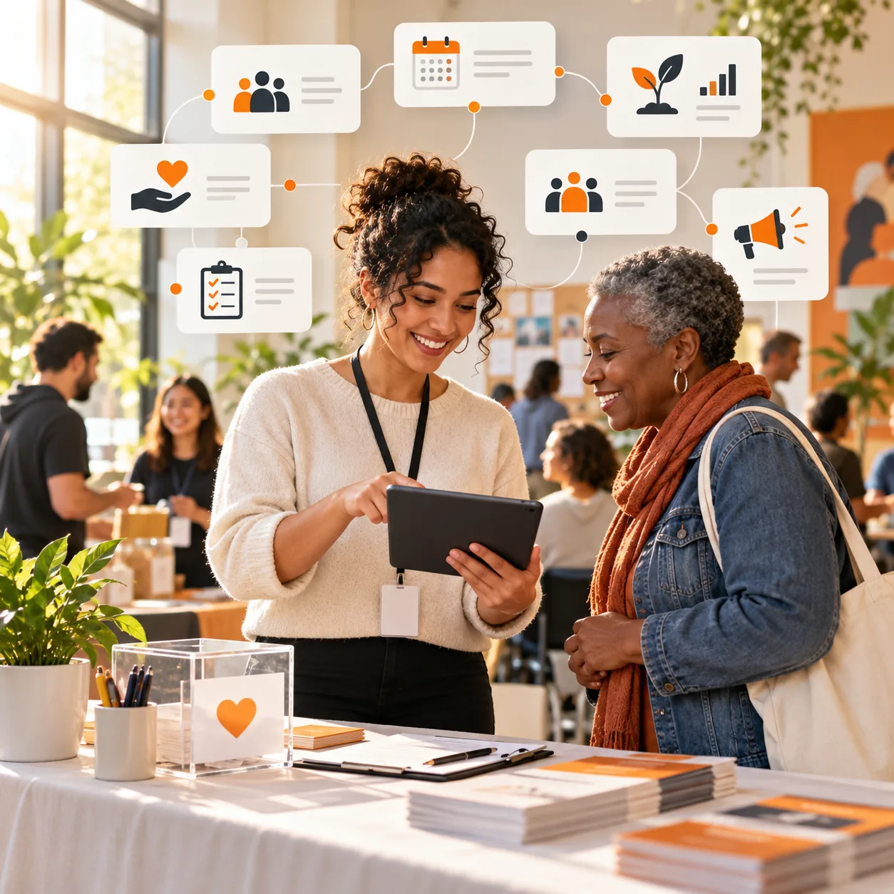 Nonprofit program coordinator reviewing community support information with a participant at an event desk