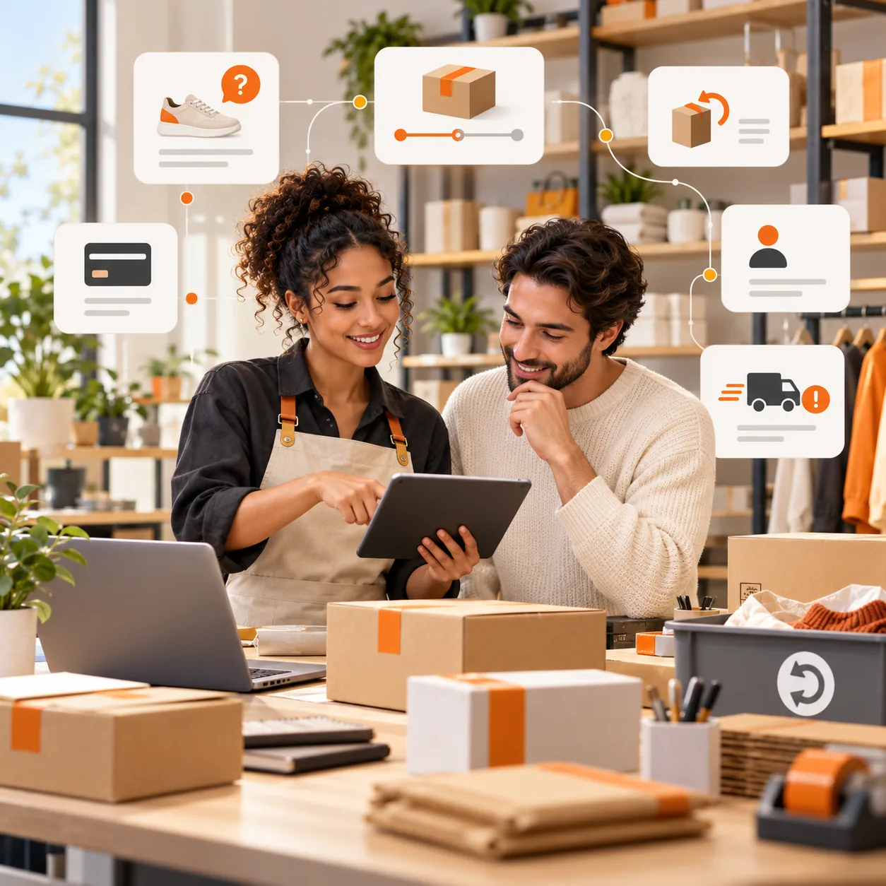 Online retail support specialist reviewing a customer order and return request with parcels in a fulfillment studio