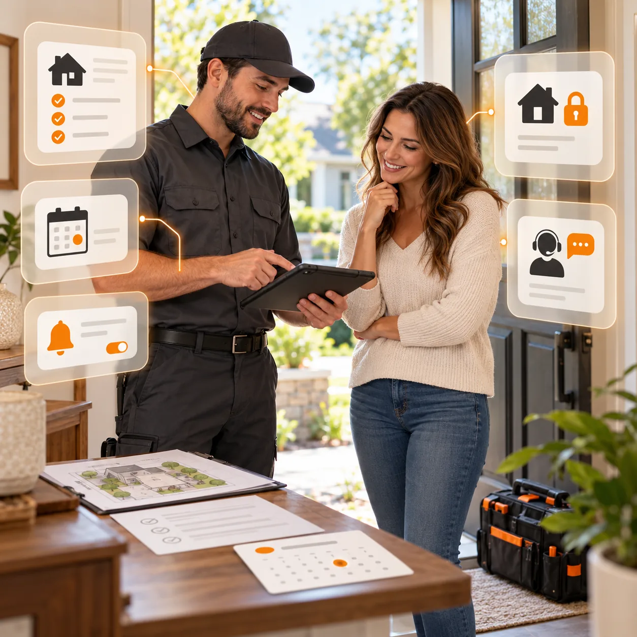 Pest control technician reviewing a home service plan and appointment details with a homeowner