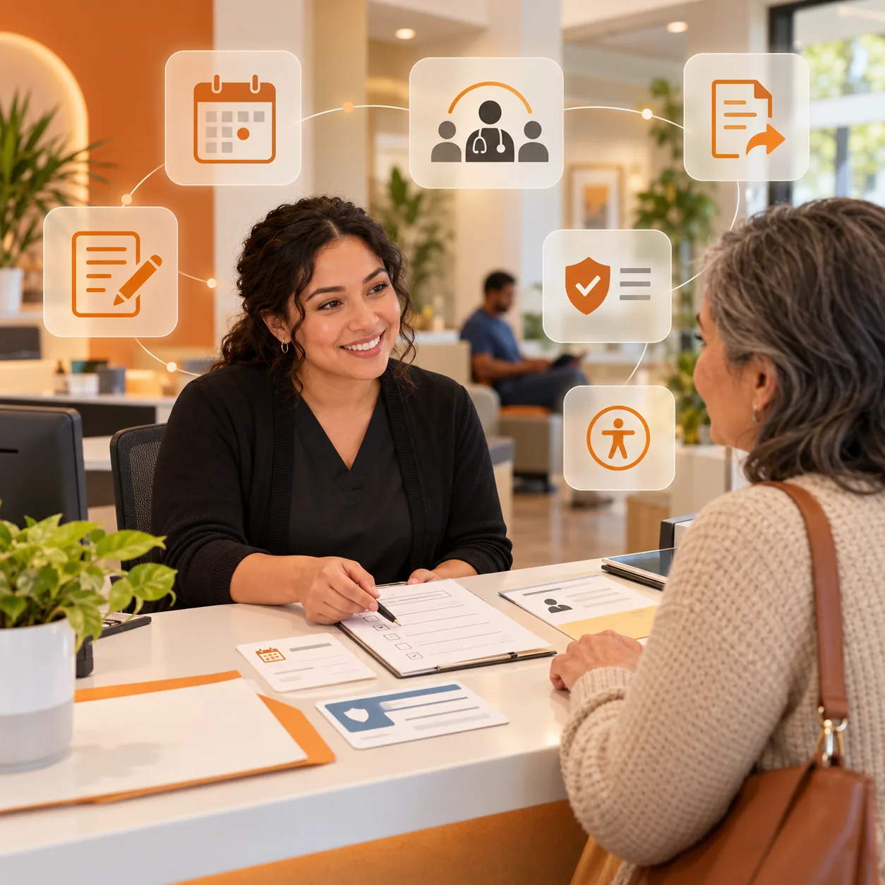 Primary care coordinator helping a patient review an appointment and referral form at a clinic desk