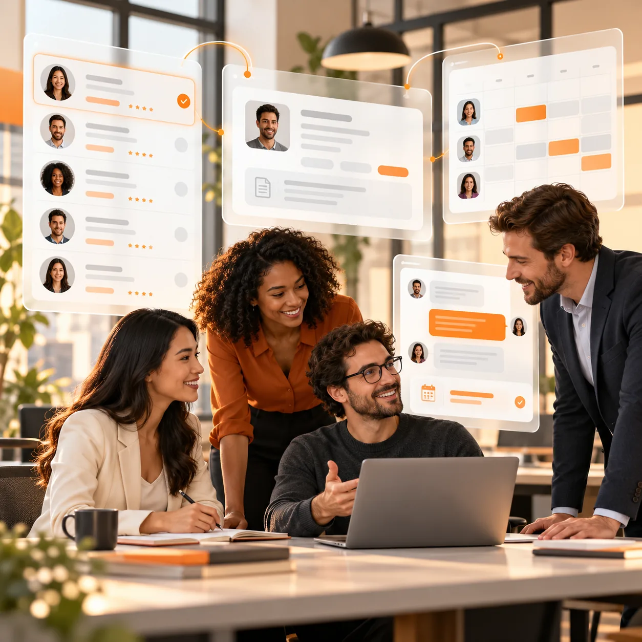Recruitment agency team coordinating candidate profiles, client role intake, interview scheduling, and recruiter handoffs