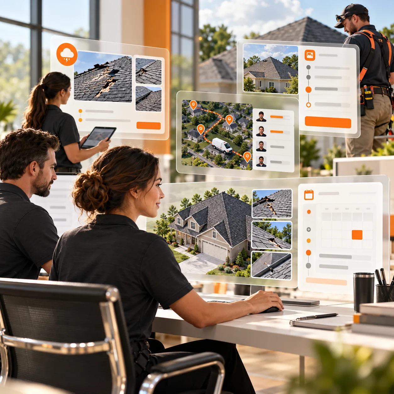 Roofing company team coordinating roof inspection photos, storm-damage requests, estimates, appointments, and crew routes