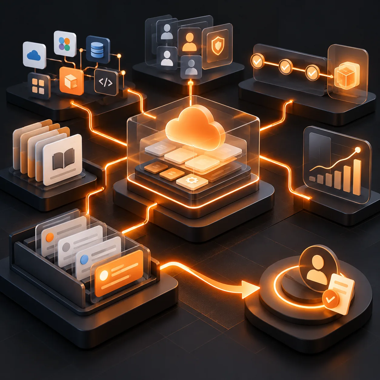 Abstract SaaS customer support workspace with cloud application modules, integrations, user permissions, release milestones, help content, support queue, and human review