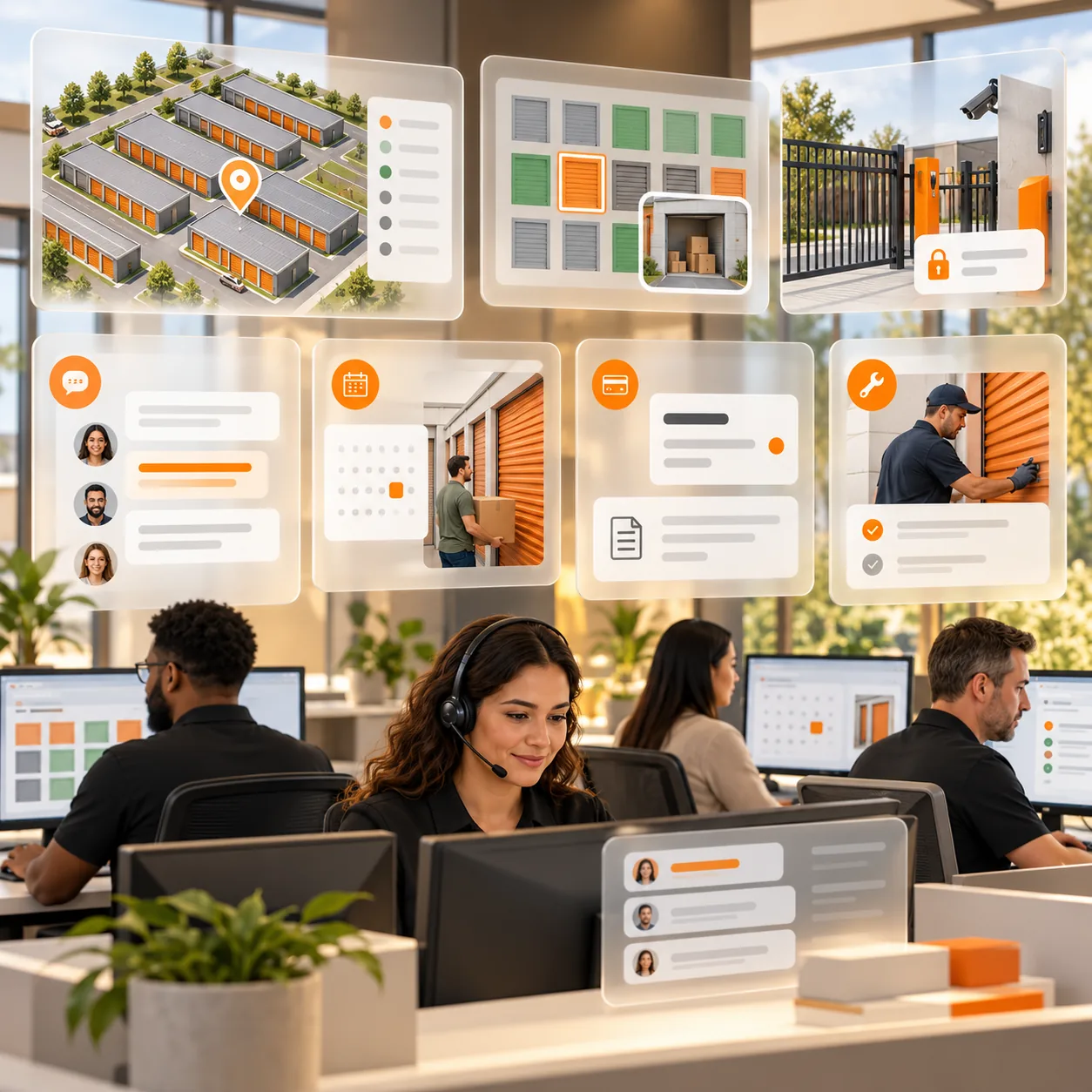 Self-storage operations team coordinating renter questions, unit availability, gate access, billing requests, and facility maintenance