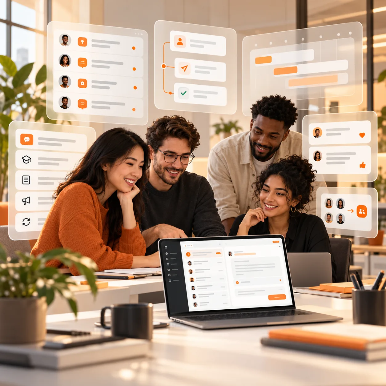 Software startup support and product team coordinating onboarding, support tickets, product feedback, release workflows, and human escalations