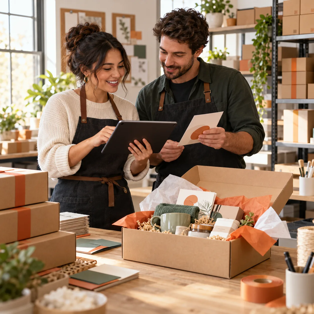 Subscription box customer-experience coordinator and packing lead organizing member, product, delivery, preference, and fulfillment questions in a bright packing studio