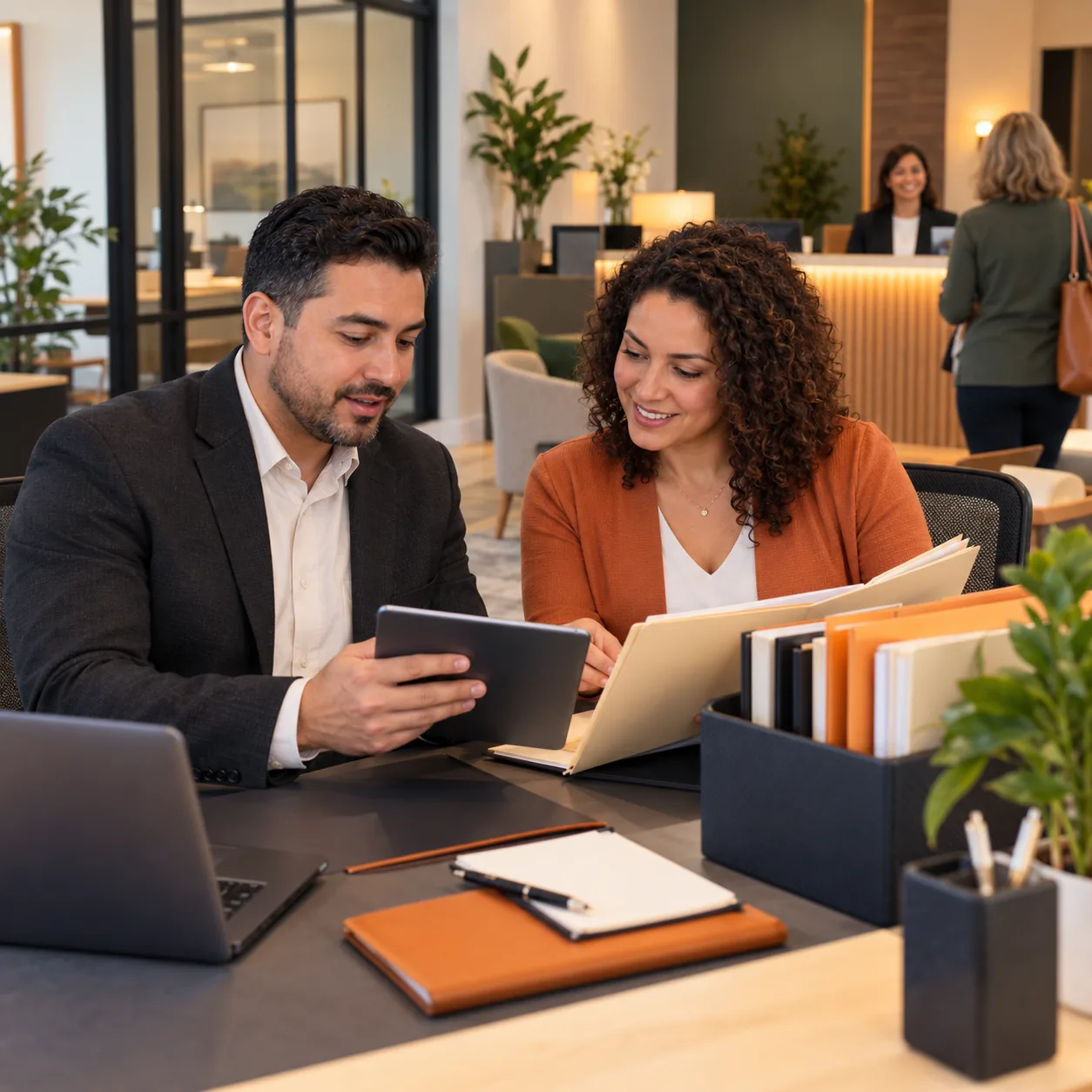 Tax preparation firm team organizing client document, appointment, filing-stage, and secure follow-up questions in a warm advisory office