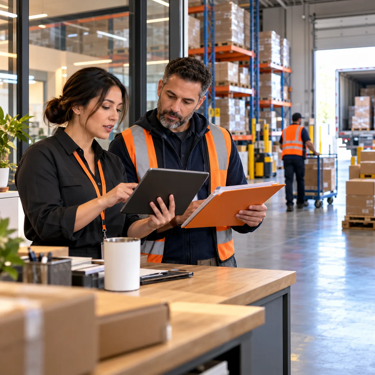 Third-party logistics account coordinator and warehouse operations lead organizing receiving, inventory, shipment, freight, and exception questions in a modern fulfillment facility