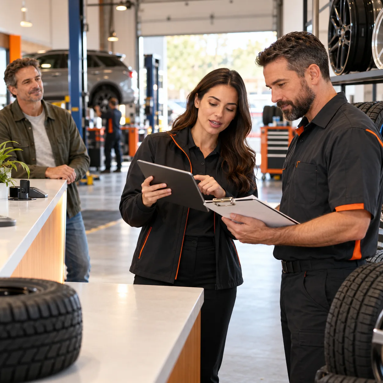 Tire shop service advisor and technician organizing tire fit, appointment, vehicle, warranty, and service-follow-up questions in a modern service center