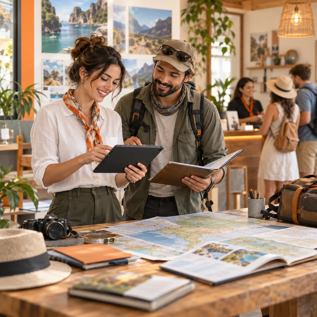 Tour coordinator and local guide organizing traveler questions, itineraries, meeting points, accessibility, transfers, and booking changes in a welcoming travel office