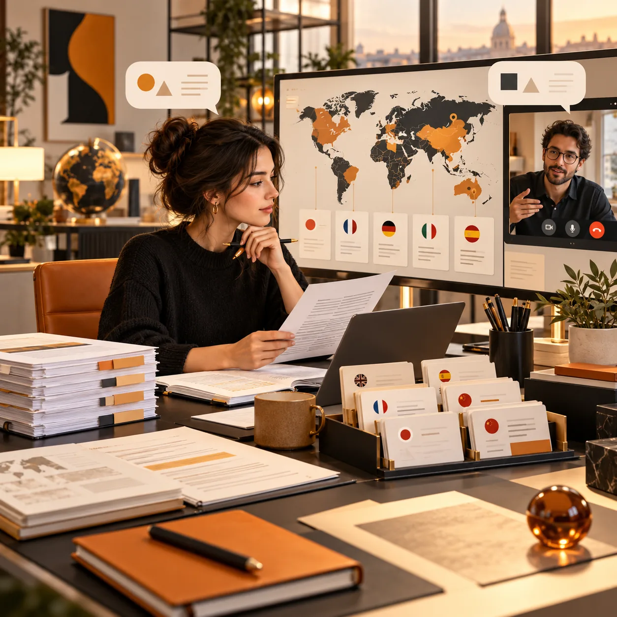 Translation agency coordinator reviewing multilingual project documents, language coverage, client briefs, and reviewer handoffs in a warm modern studio