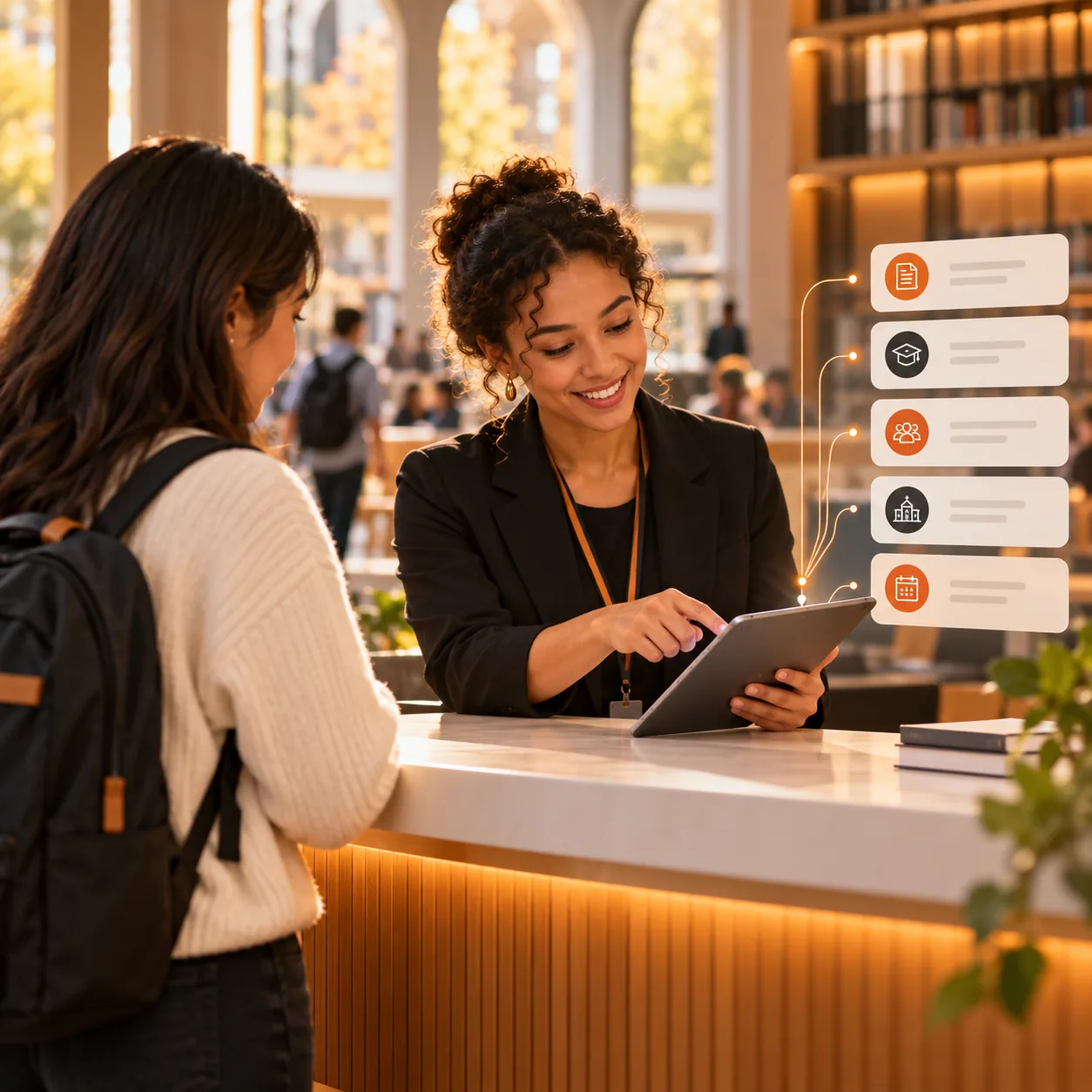 University service coordinator helping a student organize admissions, enrollment, campus services, appointments, and support questions at a welcoming campus desk