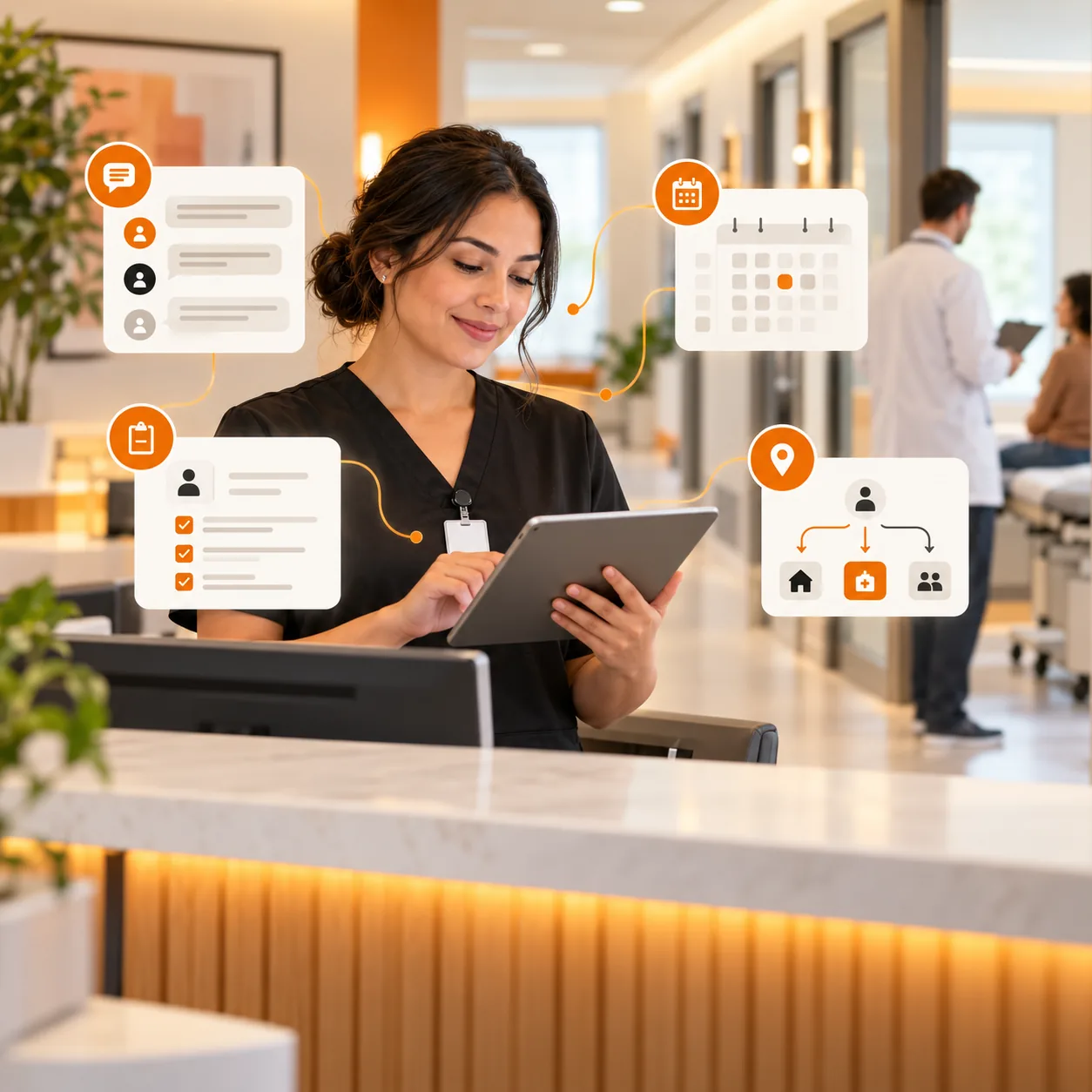 Urgent care front-desk coordinator organizing patient check-in, appointment, service, location, and care-routing questions on a tablet in a modern clinic