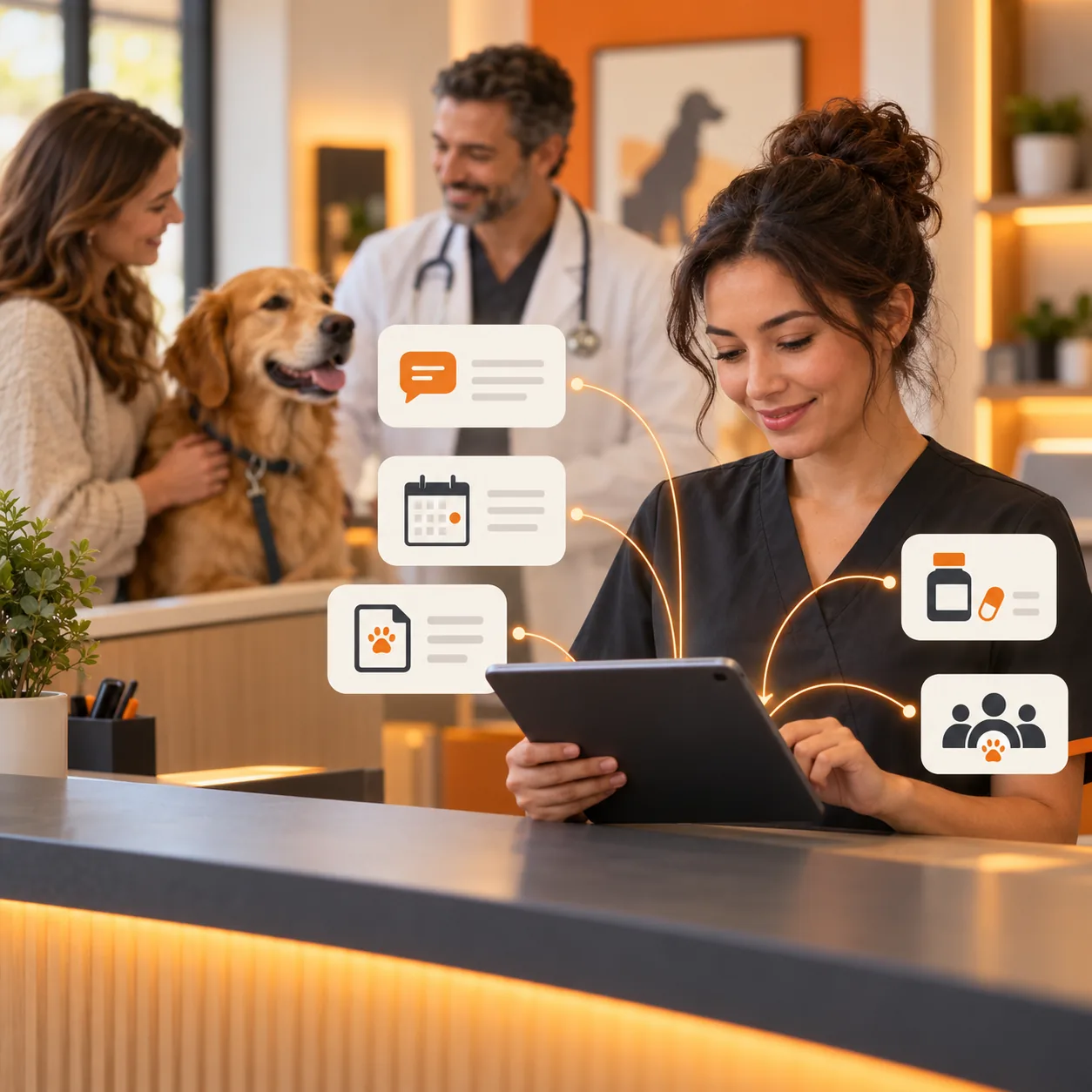 Veterinary clinic reception coordinator organizing pet-owner appointment, records, medication, and care-team support questions with a dog and veterinarian nearby