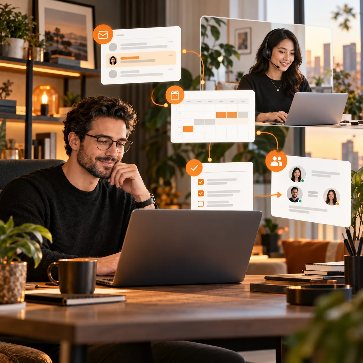 Virtual assistant agency team coordinating client inbox, calendar, task brief, priorities, and human handoffs across remote workspaces