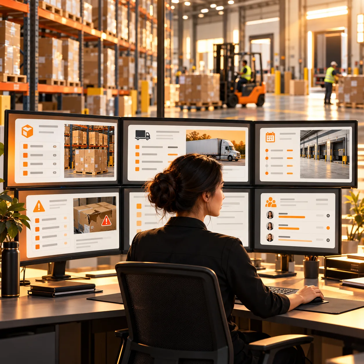 Warehouse customer-service coordinator organizing inventory, shipment, dock appointment, order exception, and operations support requests across logistics monitors