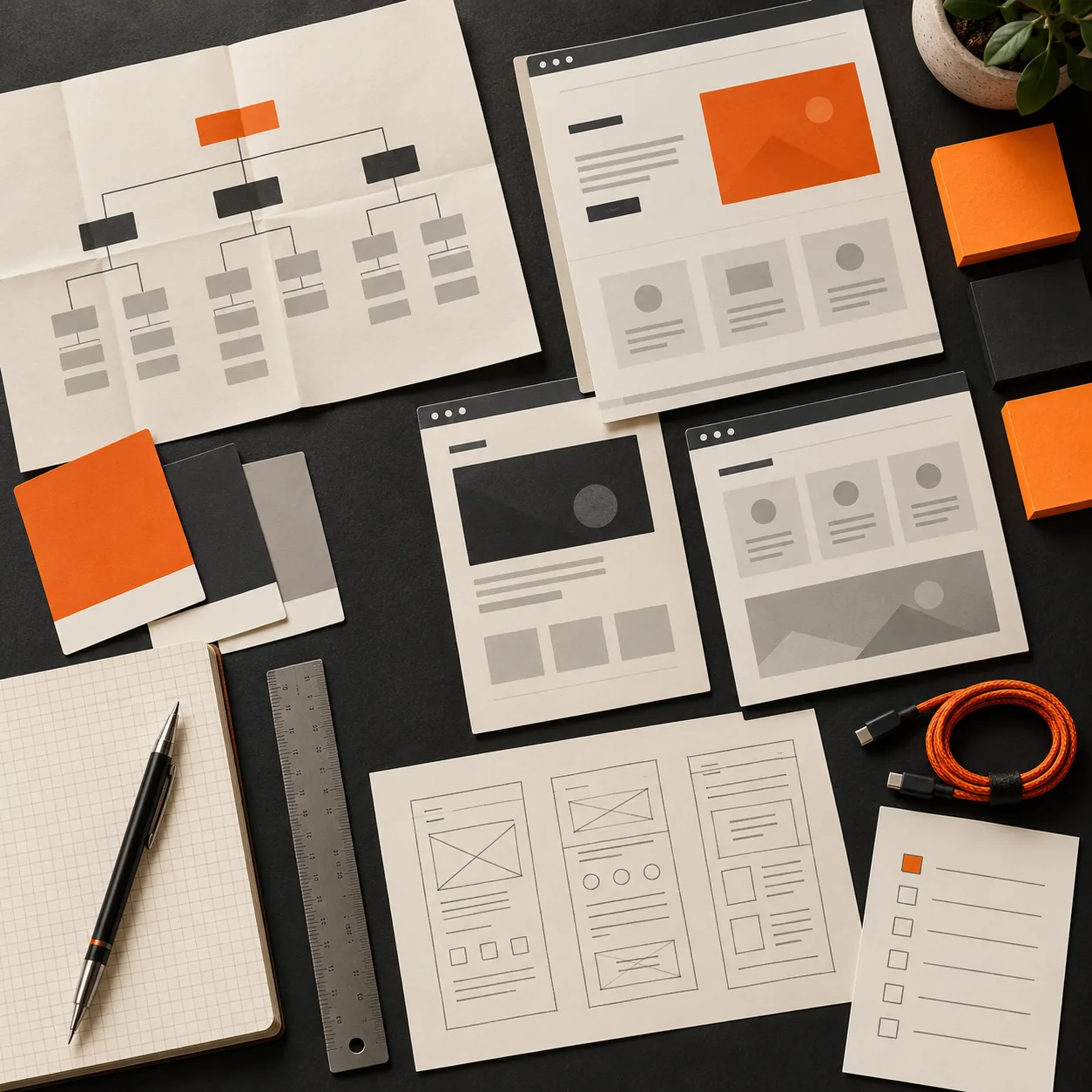 Top-down web agency design desk with printed wireframes, site maps, color swatches, launch checklist, notebook, ruler, and prototyping materials in Tranki orange and charcoal