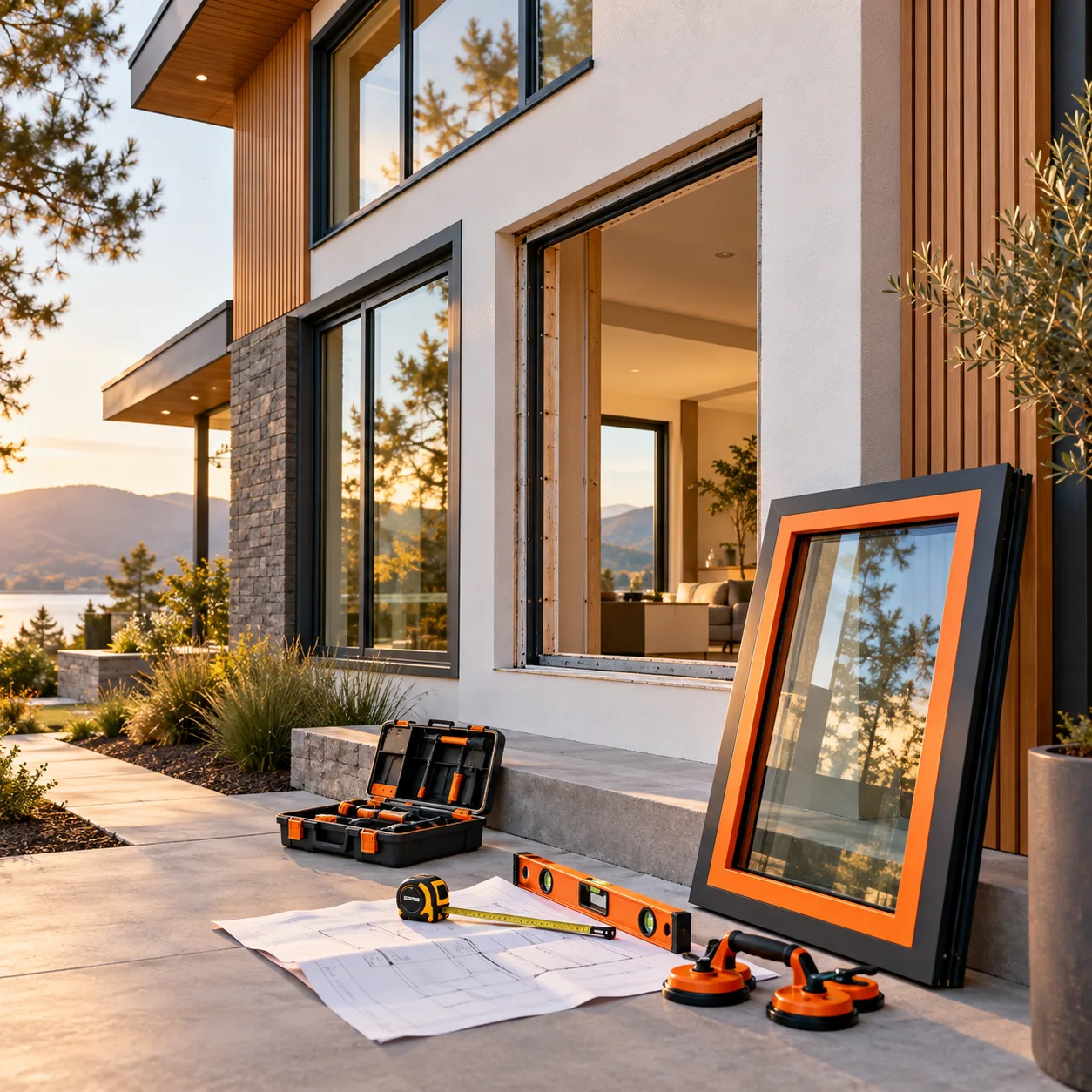Modern home with varied windows, open installation bay, orange-framed sample window, tools, measuring tape, suction cups, and installation plans