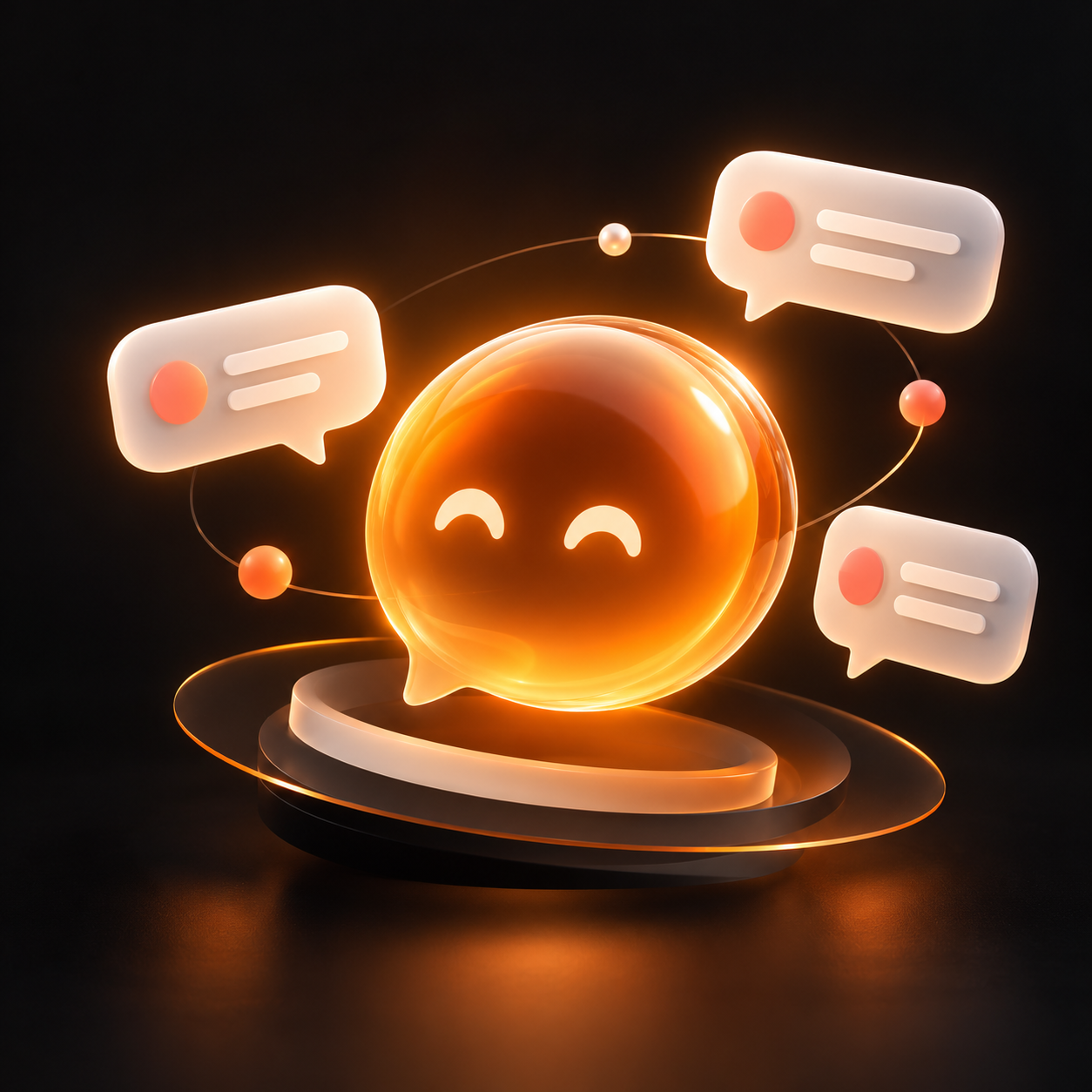 Orange AI support assistant surrounded by customer conversation bubbles