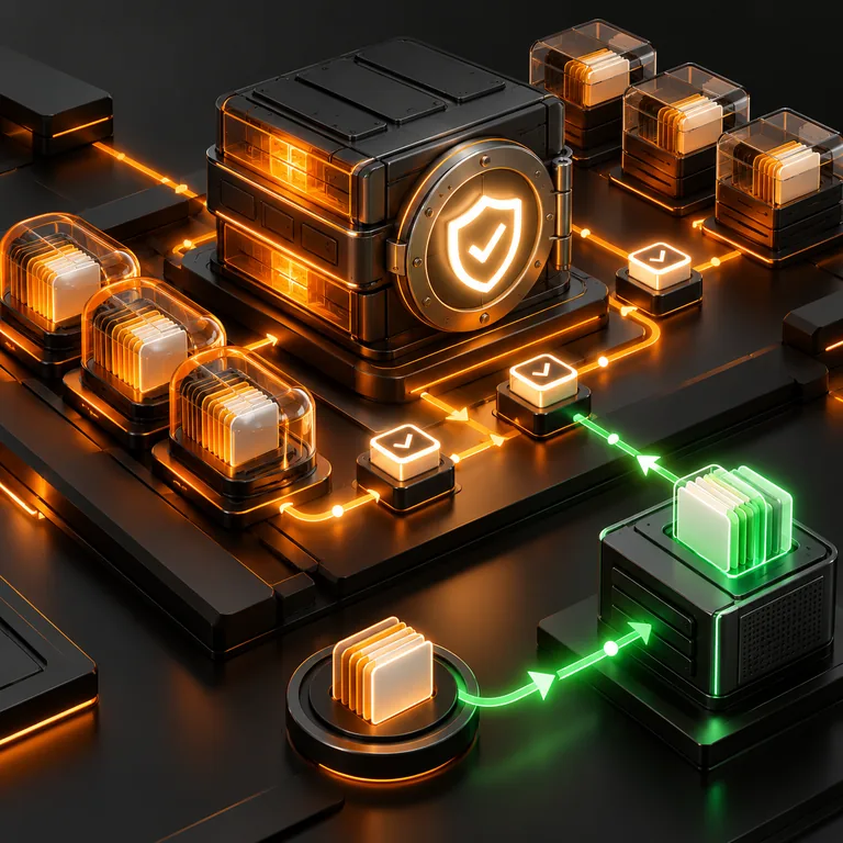 Abstract data vault blocks, archive capsules, orange verification paths, white integrity seal, restore checkpoints, and green recovery route