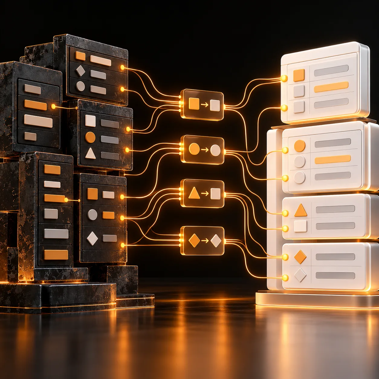 Orange pathways translating structured fields from a dark legacy schema into a clean modern destination schema